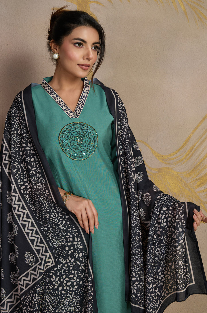 Classic Olive Roman Silk Women Suit Set with Ajrakh Printed Dupatta