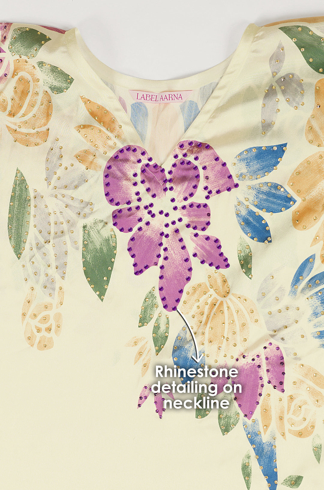 Petal Flow Soft Satin Women Kaftan Dress with Rhinestone | Digital Print