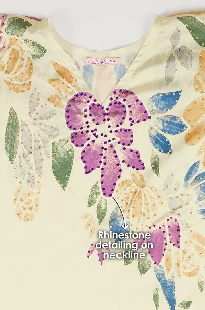 Petal Flow Soft Satin Women Kaftan Dress with Rhinestone | Digital Print