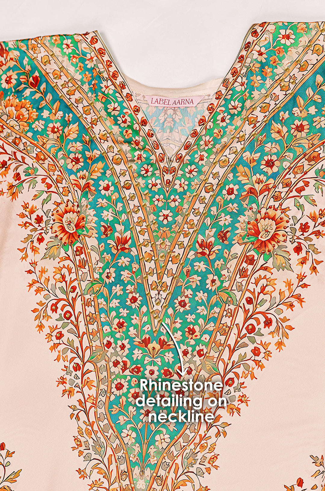 Golden Paisley Soft Satin Women Kaftan Dress with Rhinestone | Digital Print