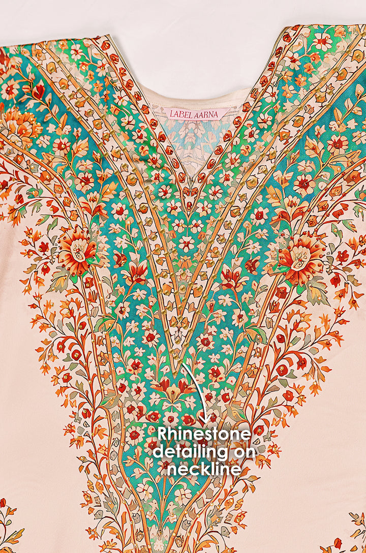 Golden Paisley Soft Satin Women Kaftan Dress with Rhinestone | Digital Print