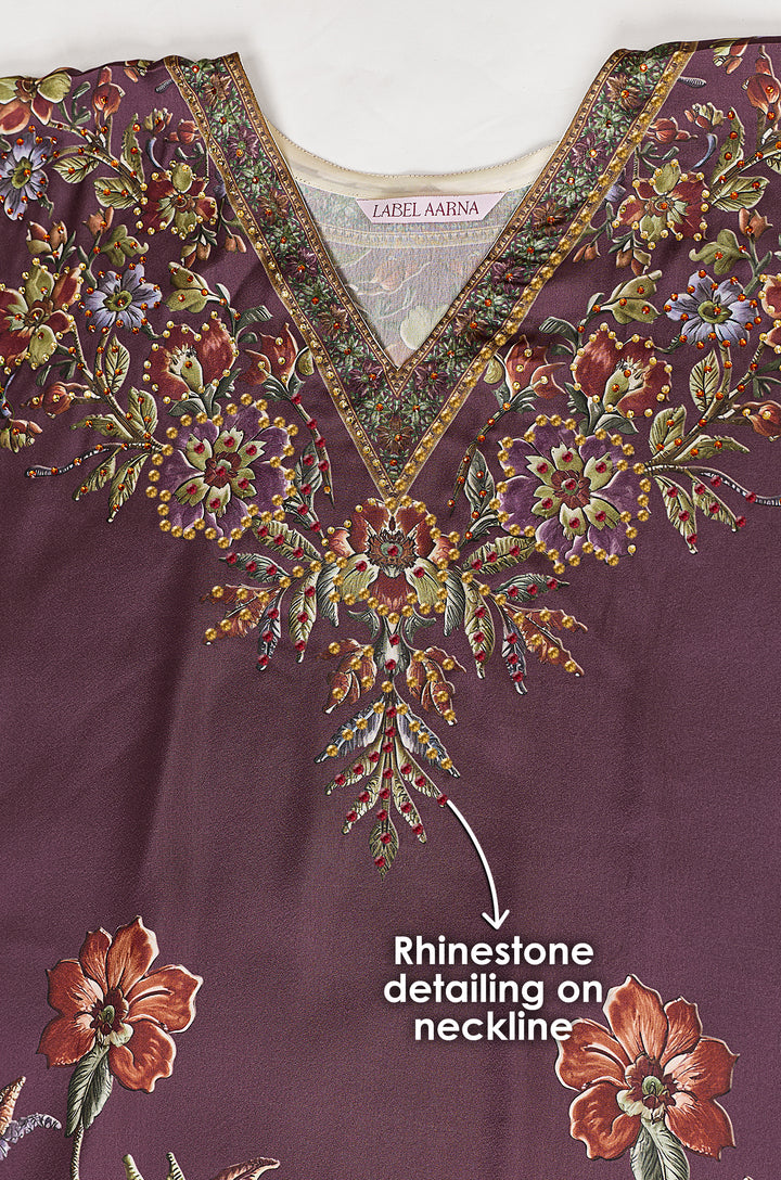 Wine Grace Soft Satin Women Kaftan Dress with Rhinestone | Digital Print
