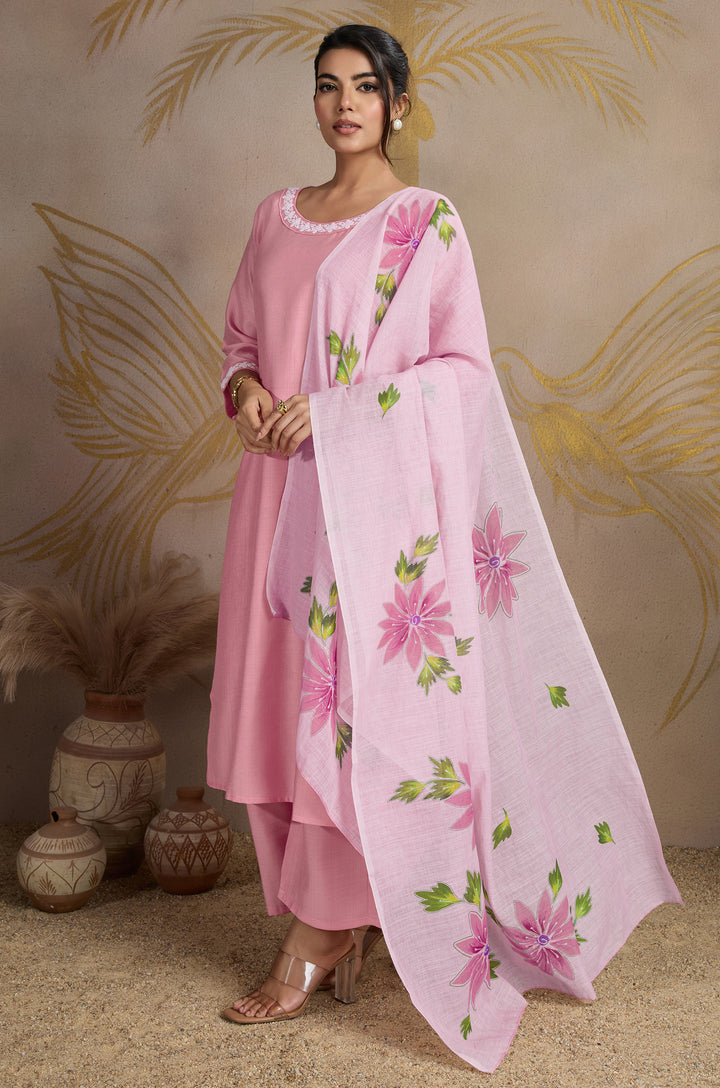 Lotus Pink Viscose Silk Women Suit Set with Linen Brush Print Dupatta