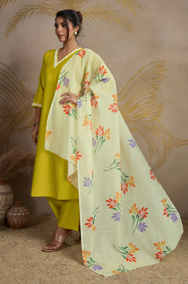 Honey Glaze Viscose Silk Women Suit Set with Linen Brush Print Dupatta