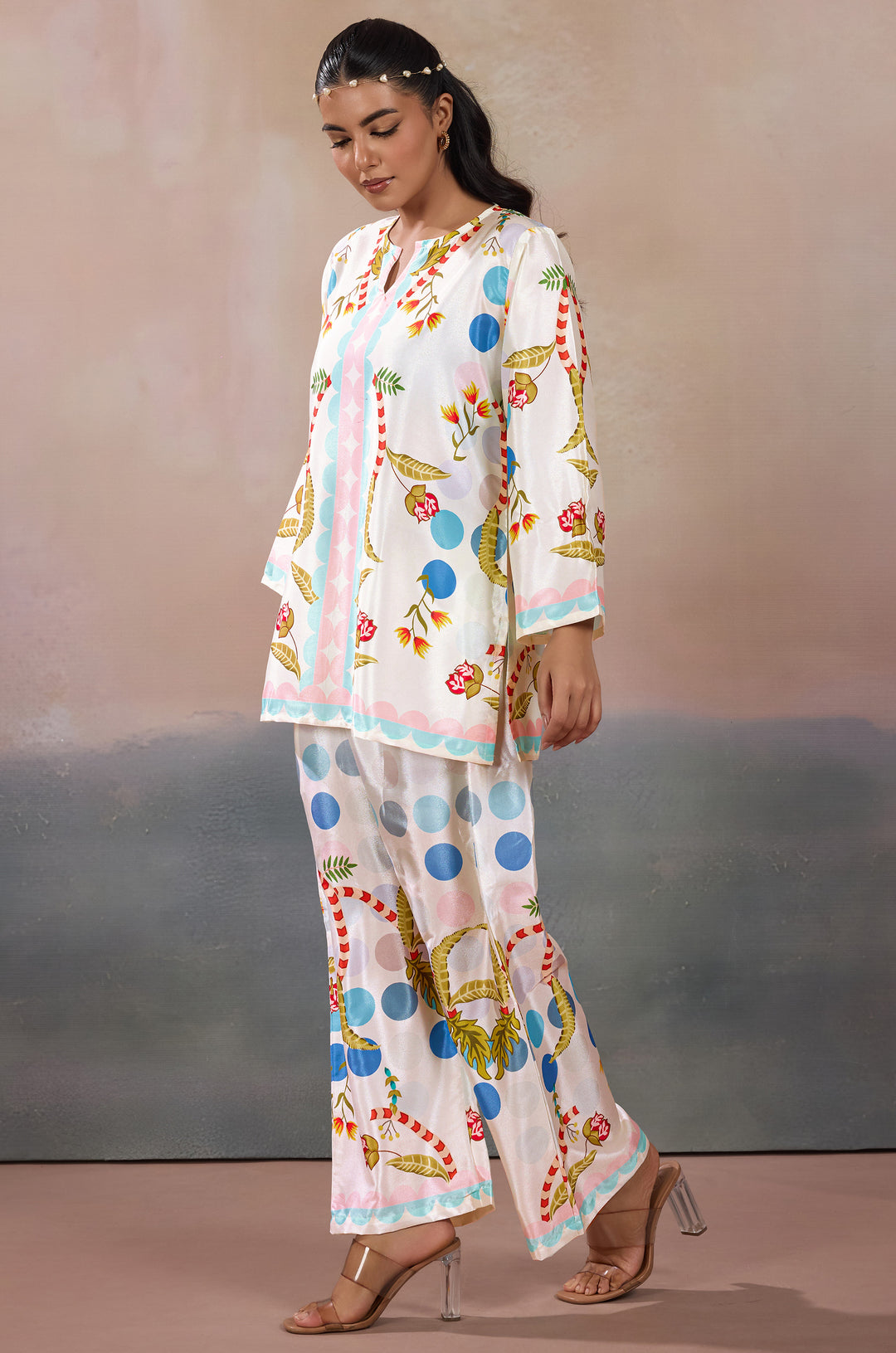 Pearl Dewdrop Silk Crepe Women Co-ord Set with Digital Print | Top and Bottom