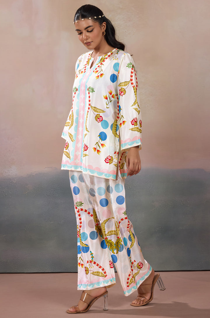 Pearl Dewdrop Silk Crepe Women Co-ord Set with Digital Print | Top and Bottom