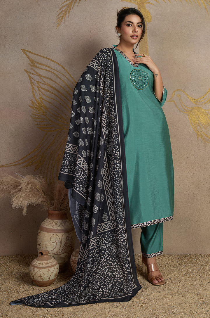 Classic Olive Roman Silk Women Suit Set with Ajrakh Printed Dupatta