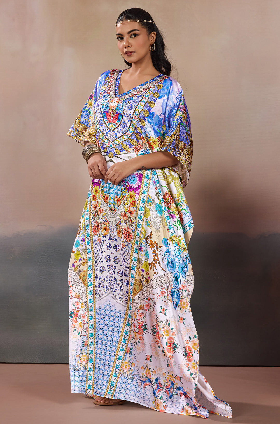 Mediterranean Fantasy Soft Satin Women Kaftan Dress with Rhinestone | Digital Print