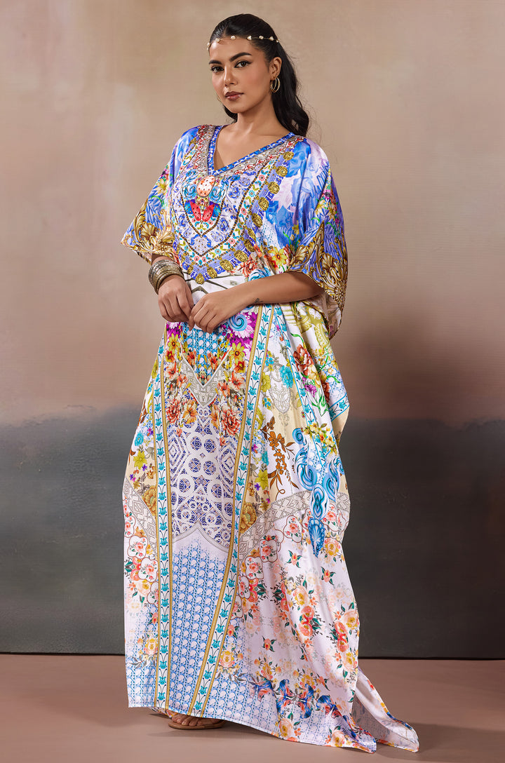 Mediterranean Fantasy Soft Satin Women Kaftan Dress with Rhinestone | Digital Print