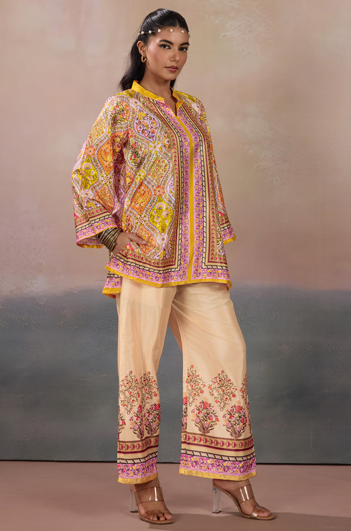 Golden Heritage Silk Crepe Women Co-ord Set with Digital Print | Top and Bottom