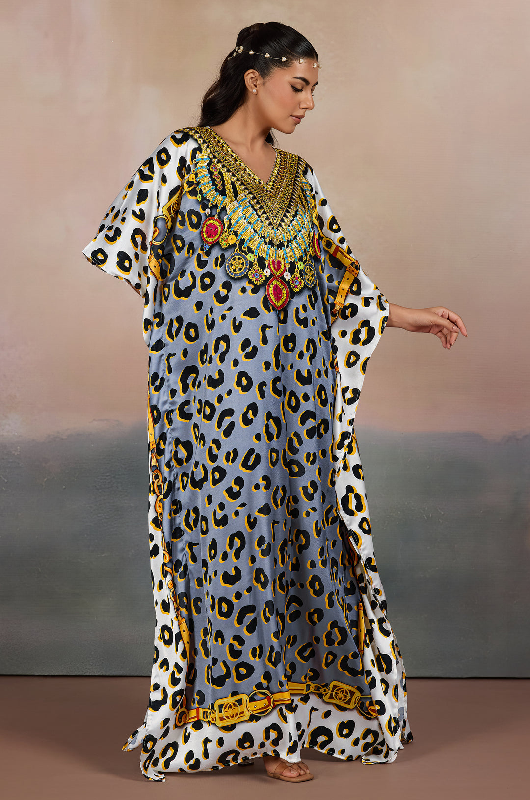 Grey Safari Chic Luxe Soft Satin Women Kaftan Dress with Rhinestone | Digital Print