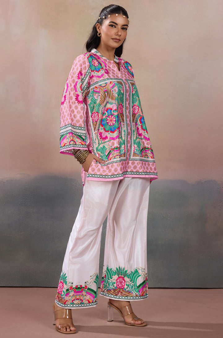 Blush Prism Silk Crepe Women Co-ord Set with Digital Print | Top and Bottom