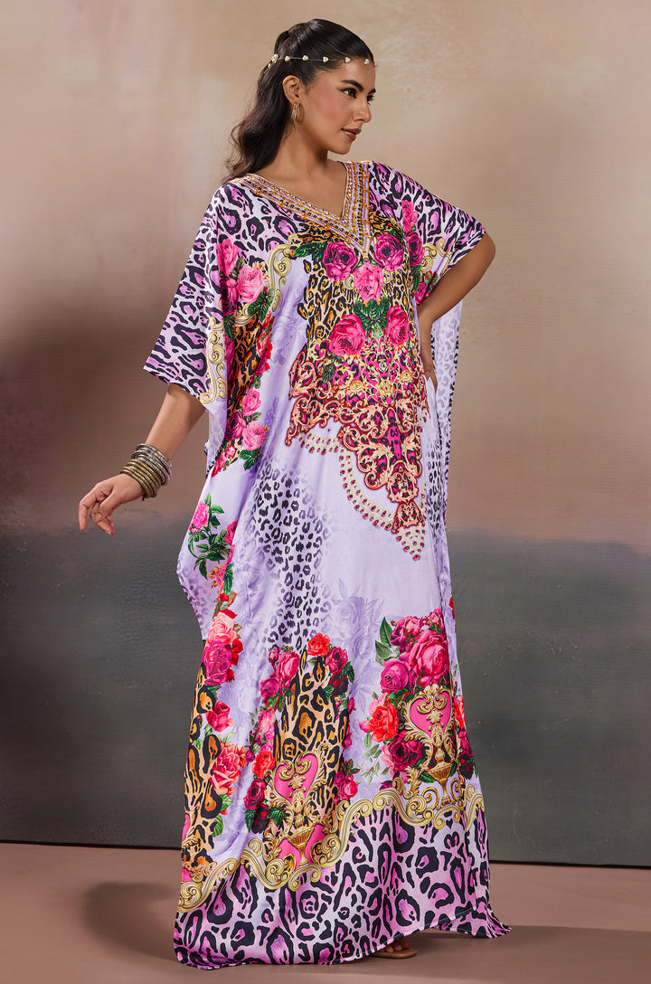 Rose Tapestry Soft Satin Women Kaftan Dress with Rhinestone | Digital Print