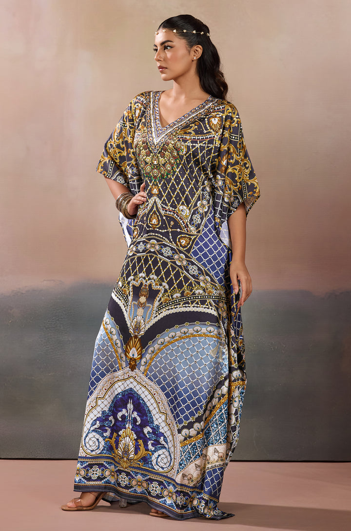 Deep Jewel Soft Satin Women Kaftan Dress with Rhinestone | Digital Print
