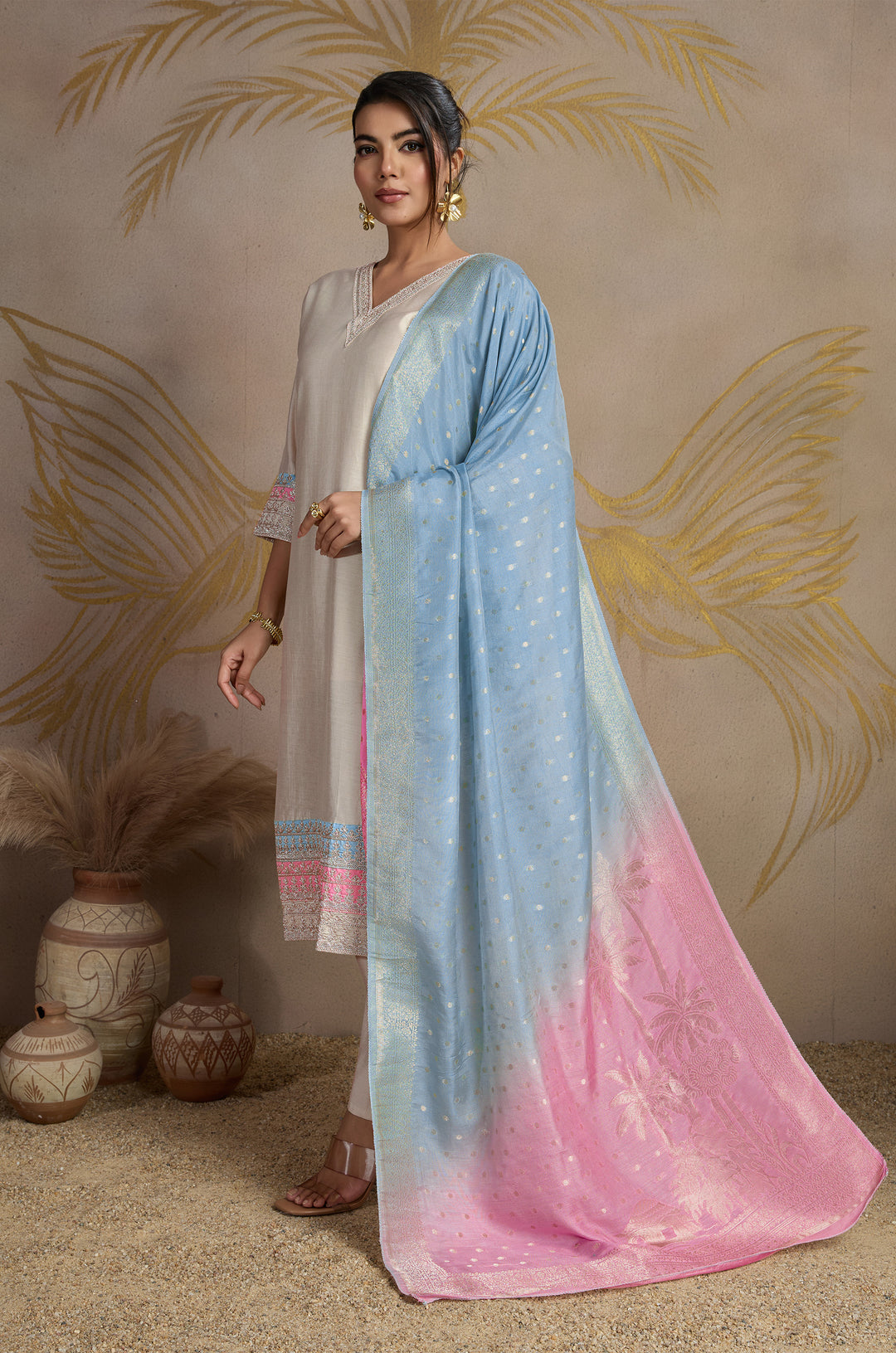 Ombre Grace Roman Silk Women Suit Set with Pure Viscose Jacquard Dupatta