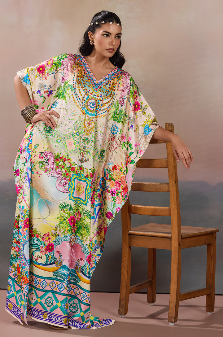 Vintage Inspired Soft Satin Women Kaftan Dress with Rhinestone | Digital Print