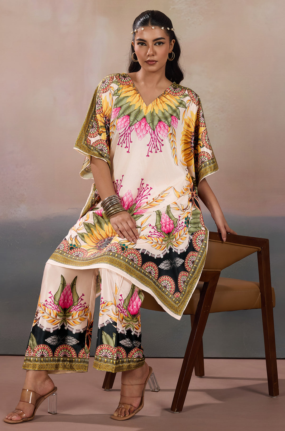 Sunlit Serenade Silk Crepe Women  Co-ord Set with Digital Print | Top and Bottom