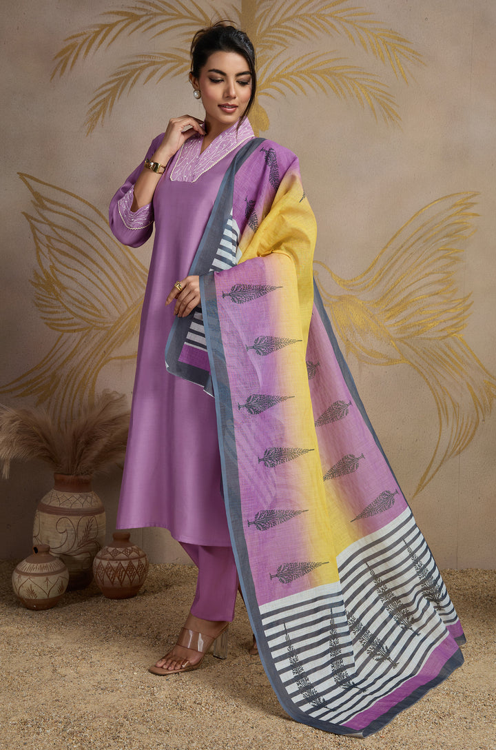 Lilac Dawn Roman Silk Women Suit Set with Linen Digital Print Dupatta