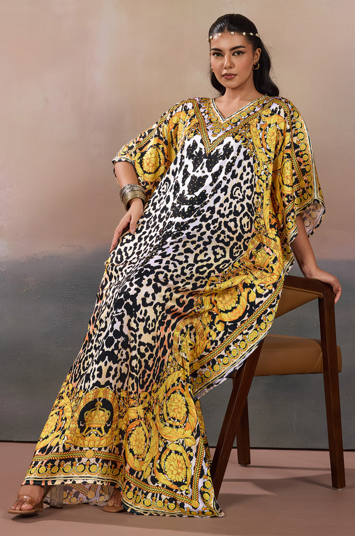 Golden Grace Soft Satin Women Kaftan Dress with Rhinestone | Digital Print