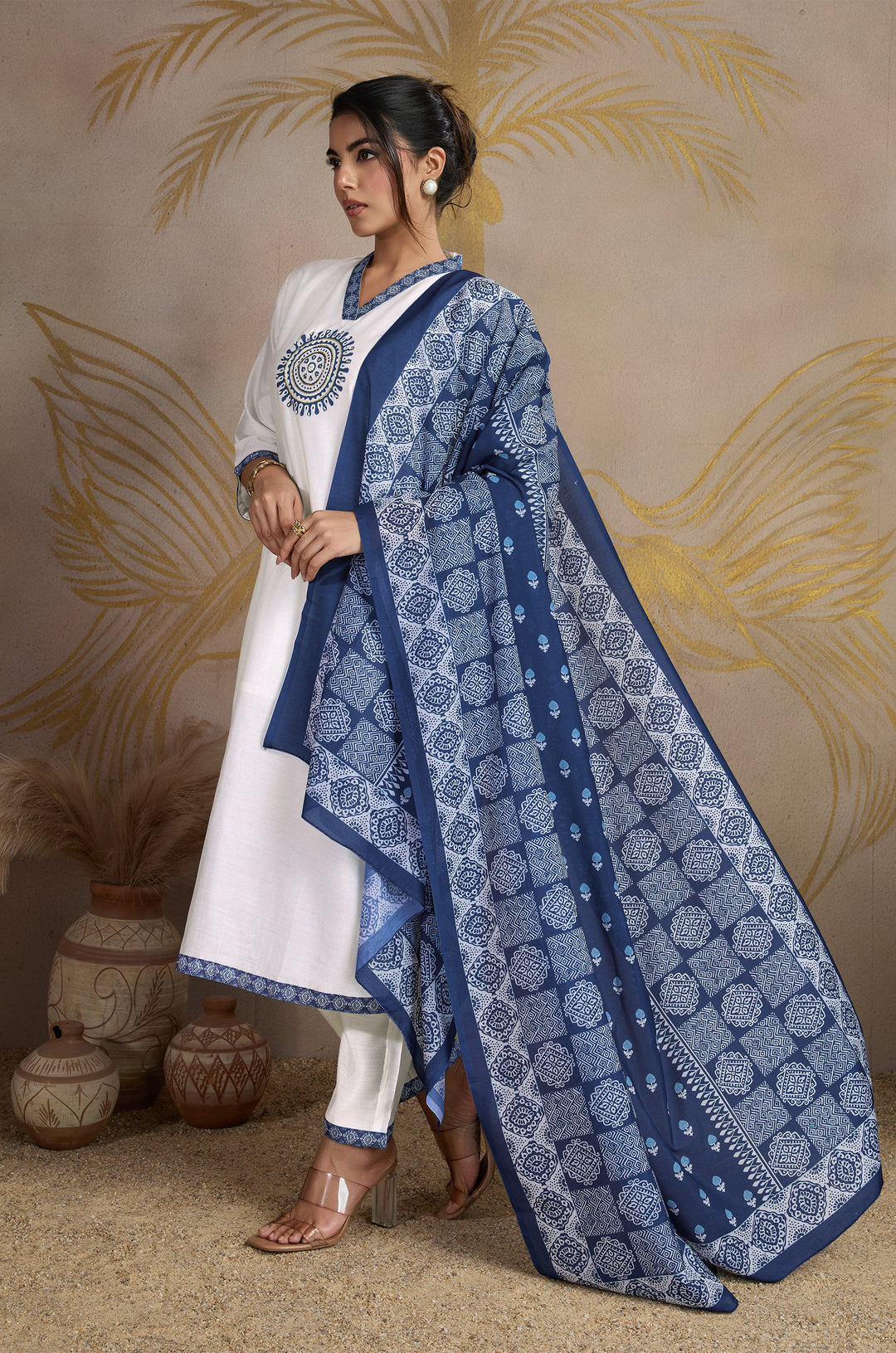 Arctic Blue Roman Silk Women Suit Set with Ajrakh Printed Dupatta