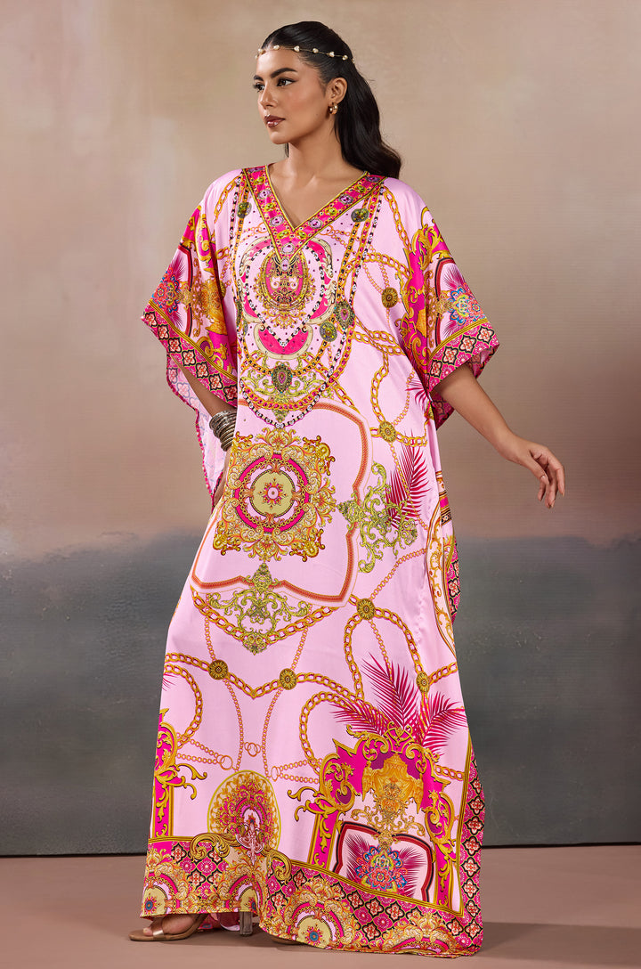 Pink Ornate Mandala Soft Satin Women Kaftan Dress with Rhinestones | Digital Print