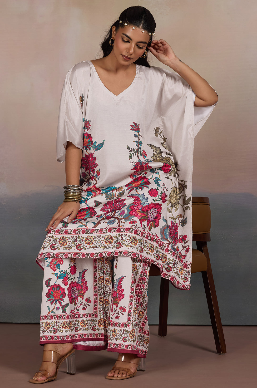 Runway Floral Silk Crepe Women Co-ord Set with Digital Print | Top and Bottom