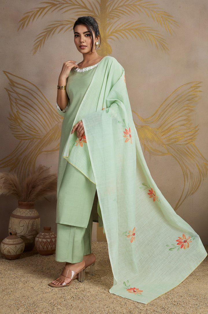 Serene Pastel Viscose Silk Women Suit Set with Linen Brush Print Dupatta