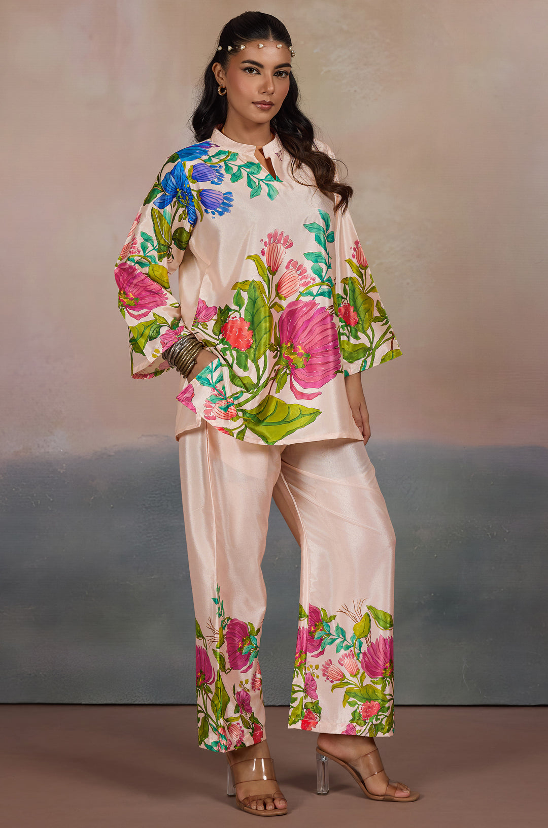 Dusky Grove Silk Crepe Women Co-ord Set with Digital Print | Top and Bottom