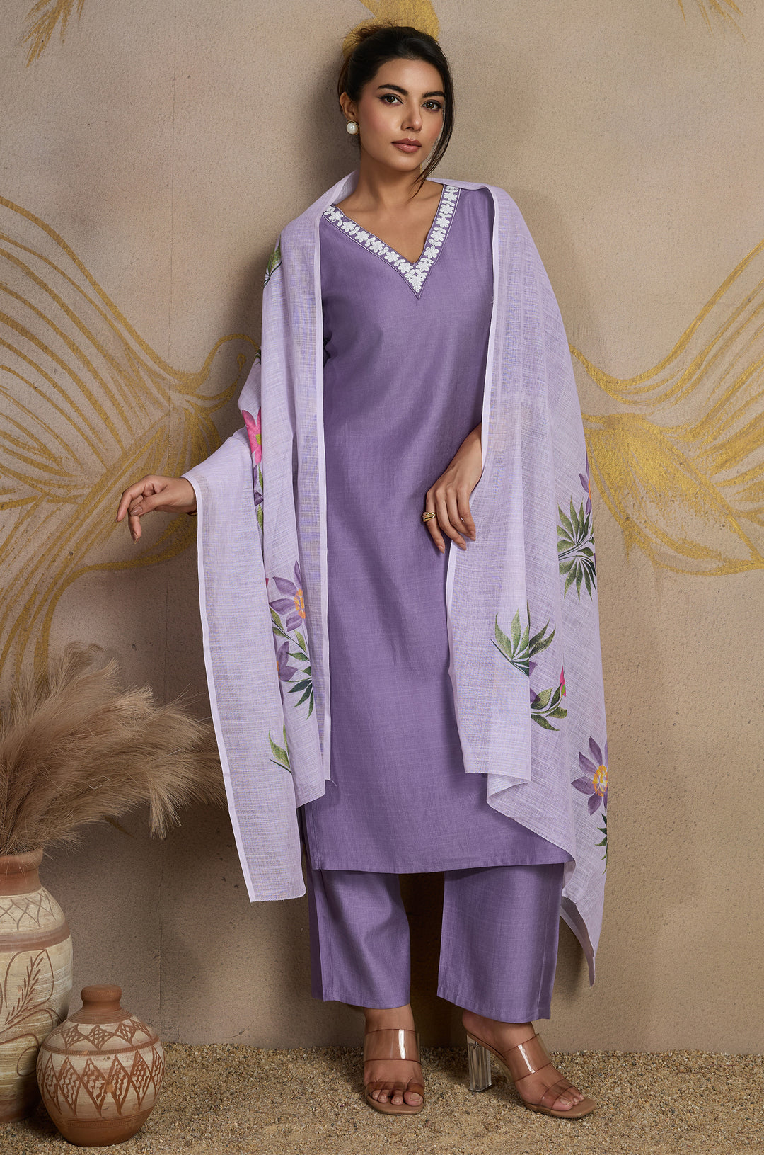 Timeless Lavender Viscose Silk Women Suit Set with Linen Brush Print Dupatta