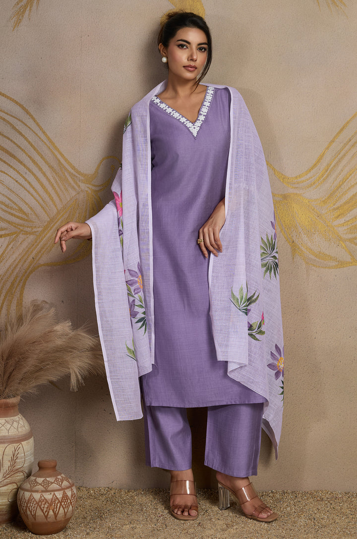 Timeless Lavender Viscose Silk Women Suit Set with Linen Brush Print Dupatta