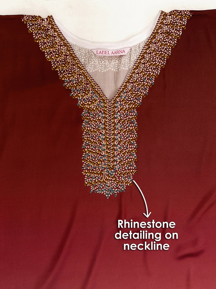 Magenta Blush Soft Satin Women Kaftan Dress with Rhinestone | Digital Print