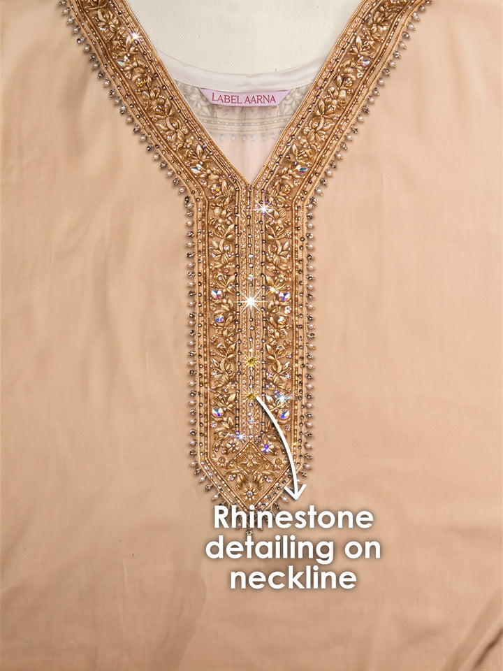 Bronze Dusk Soft Satin Women Kaftan Dress with Rhinestone | Digital Print