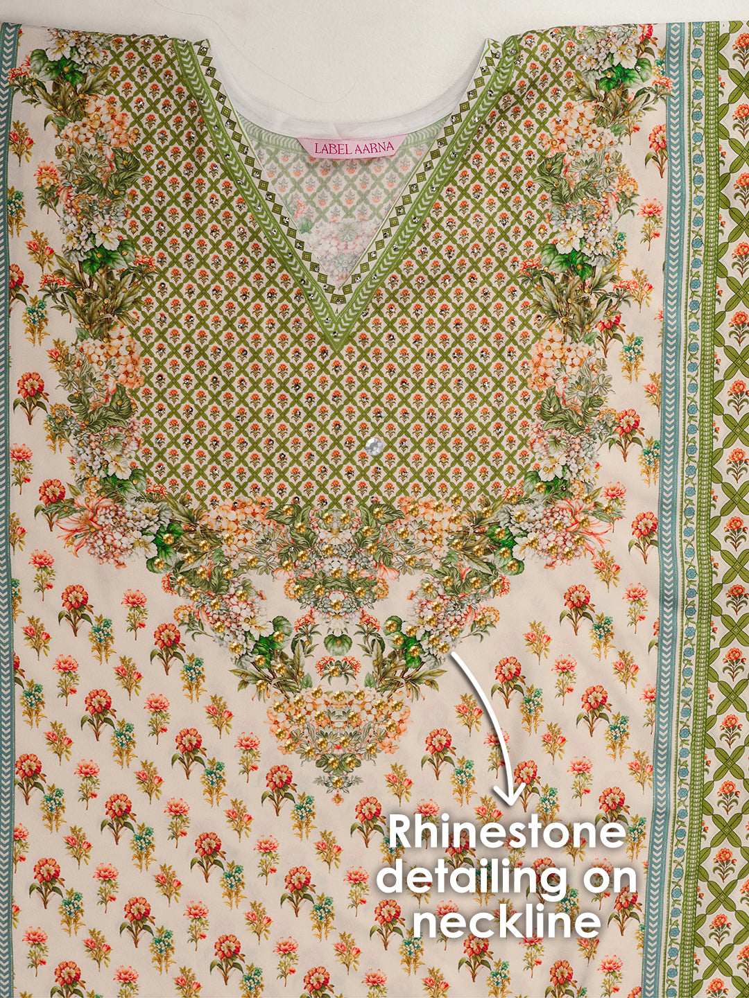 Green Bouquet Soft Satin Women Kaftan Dress with Rhinestone | Digital Print