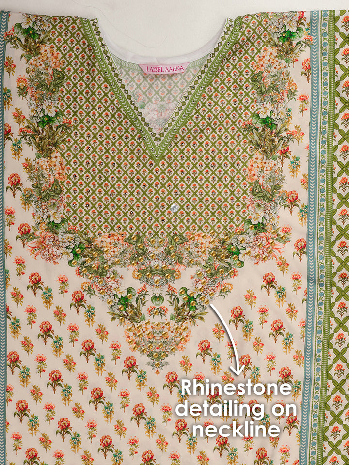 Green Bouquet Soft Satin Women Kaftan Dress with Rhinestone | Digital Print