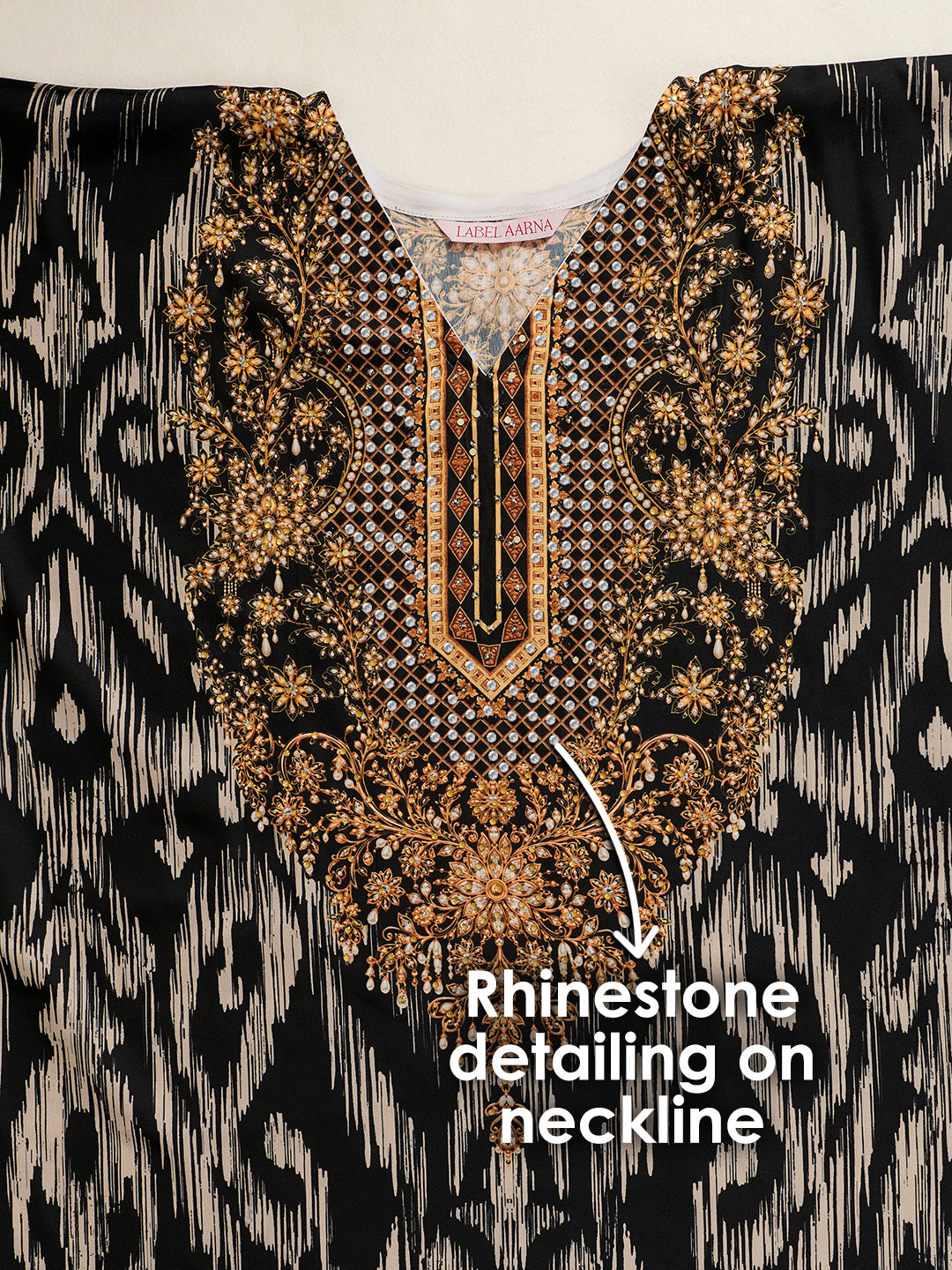 Ikat Raga Soft Satin Women Kaftan Dress with Rhinestone | Digital Print