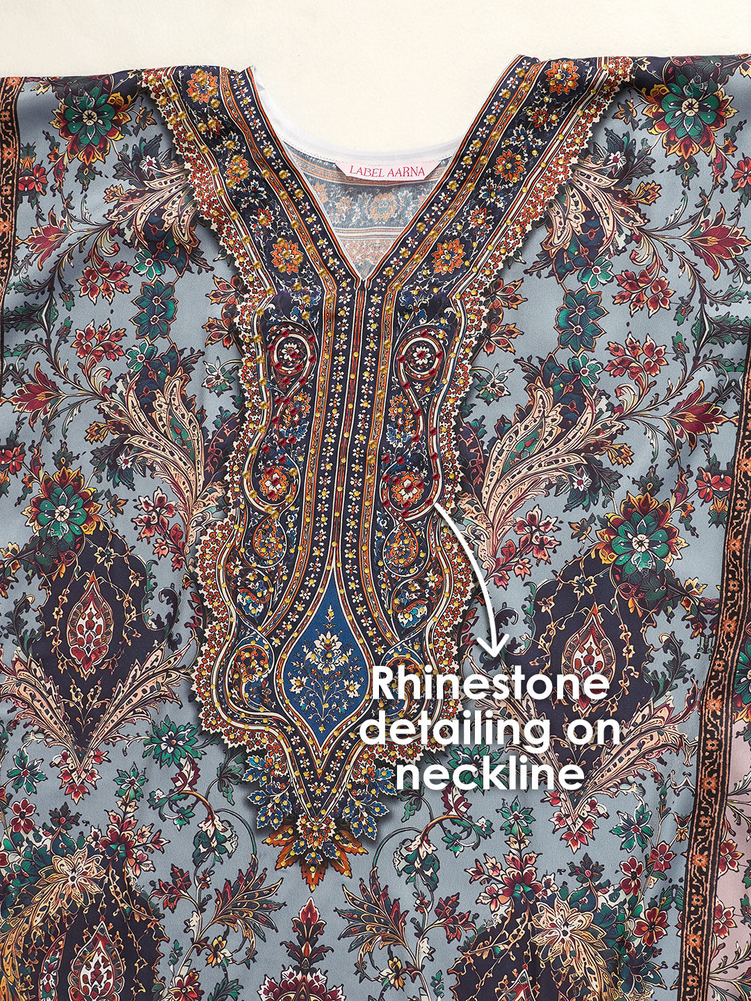 Blue Heritage Soft Satin Women Kaftan Dress with Rhinestone | Digital Print