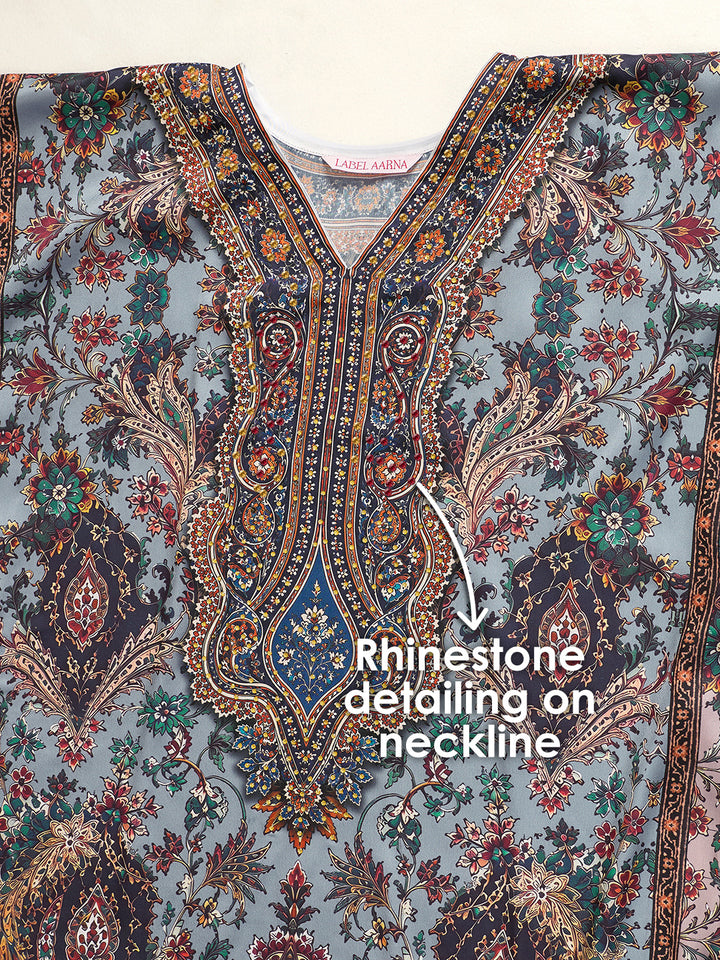 Blue Heritage Soft Satin Women Kaftan Dress with Rhinestone | Digital Print