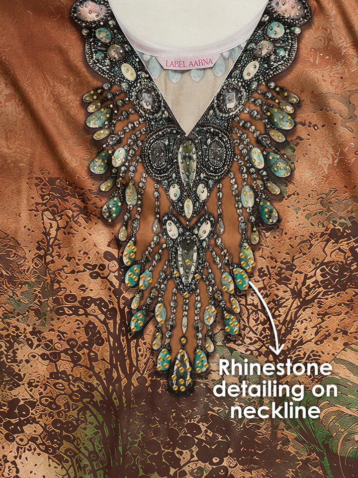 Antique Rose Soft Satin Women Kaftan Dress with Rhinestone | Digital Print