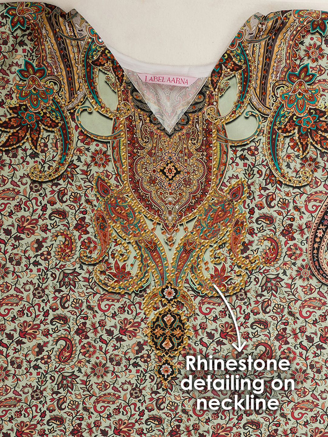 Vintage Charm Soft Satin Women Kaftan Dress with Rhinestone | Digital Print