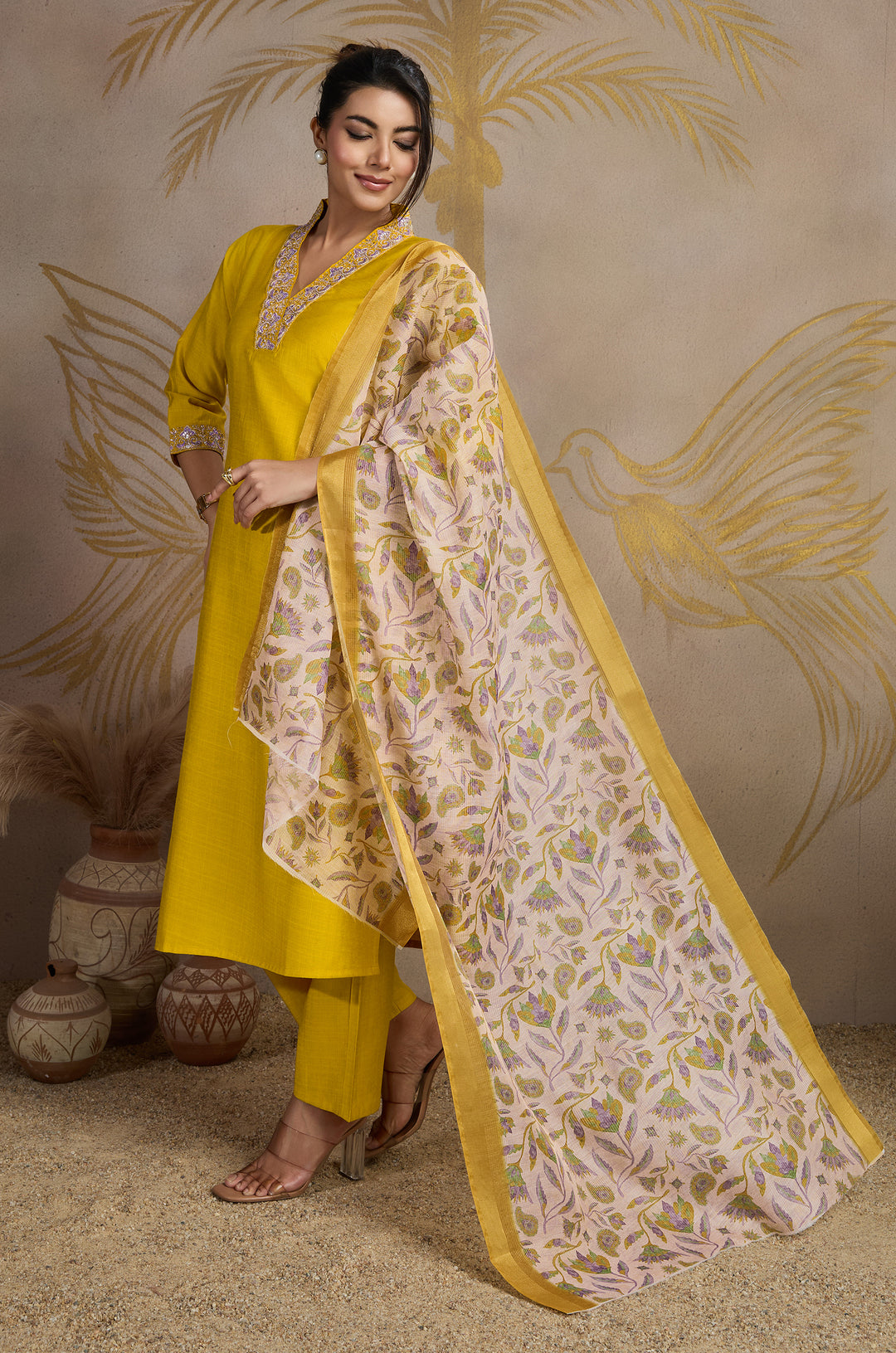 Golden Hour Viscose Silk Women Suit Set with Kora Shimmer Dupatta