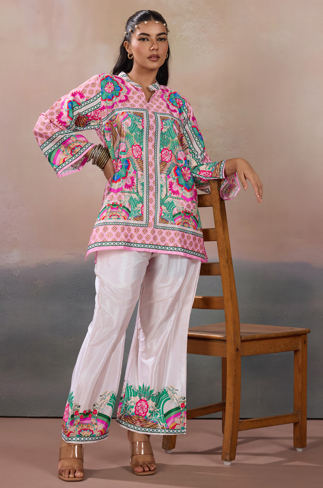 Blush Prism Silk Crepe Women Co-ord Set with Digital Print | Top and Bottom