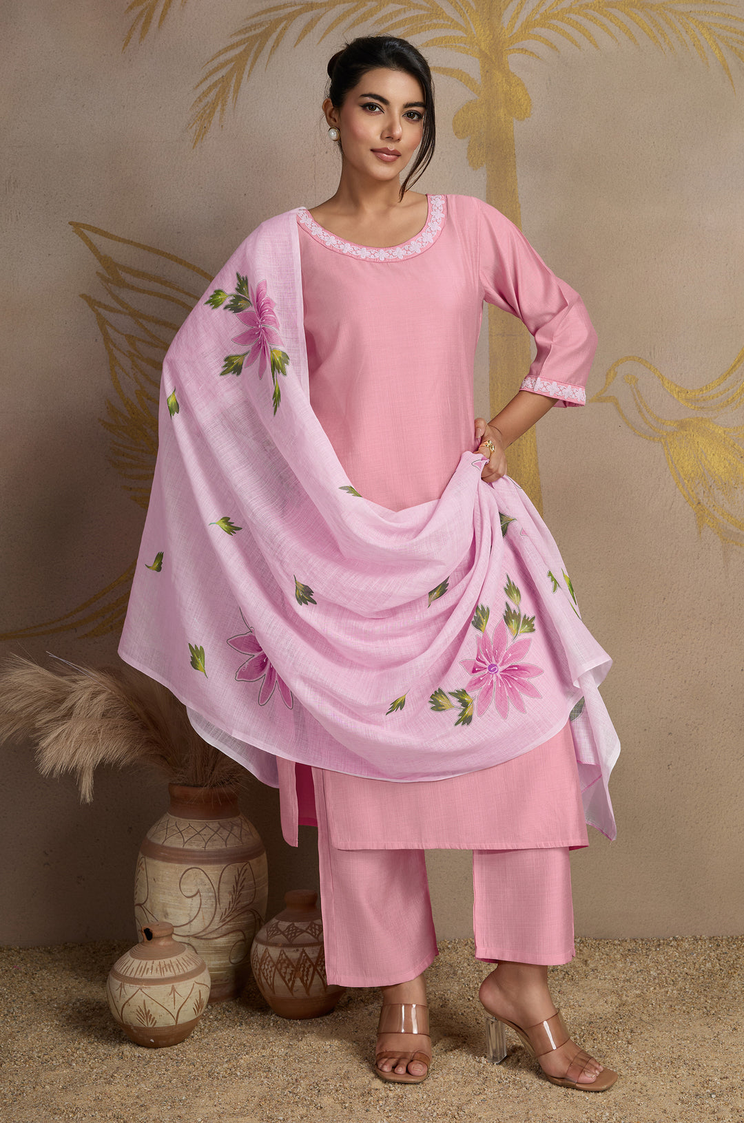 Lotus Pink Viscose Silk Women Suit Set with Linen Brush Print Dupatta