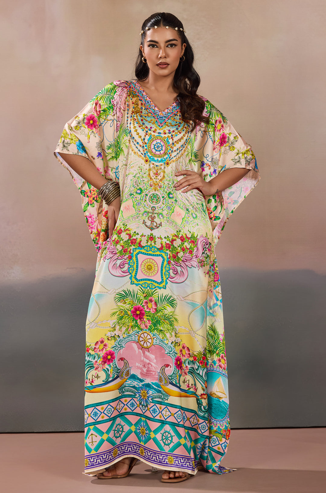 Vintage Inspired Soft Satin Women Kaftan Dress with Rhinestone | Digital Print