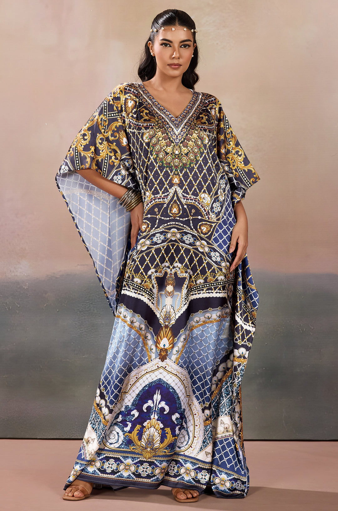 Deep Jewel Soft Satin Women Kaftan Dress with Rhinestone | Digital Print