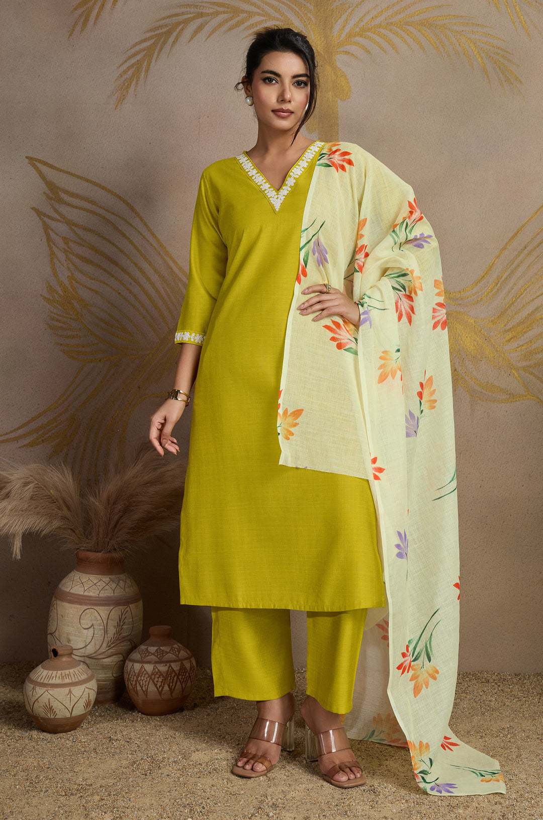 Honey Glaze Viscose Silk Women Suit Set with Linen Brush Print Dupatta