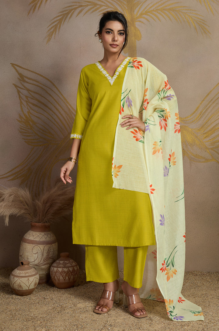 Honey Glaze Viscose Silk Women Suit Set with Linen Brush Print Dupatta