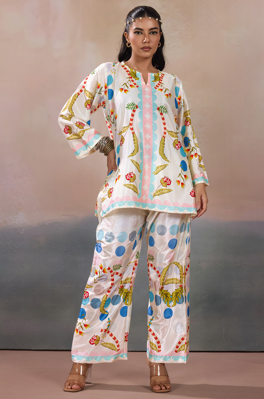 Pearl Dewdrop Silk Crepe Women Co-ord Set with Digital Print | Top and Bottom