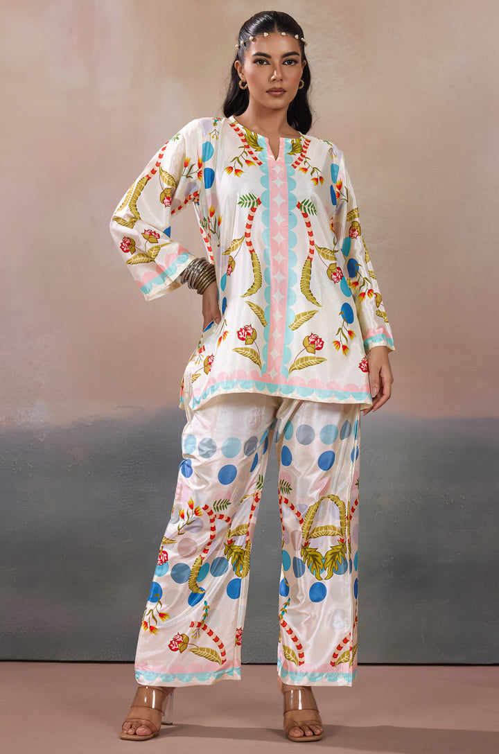Pearl Dewdrop Silk Crepe Women Co-ord Set with Digital Print | Top and Bottom