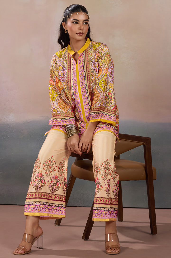 Golden Heritage Silk Crepe Women Co-ord Set with Digital Print | Top and Bottom