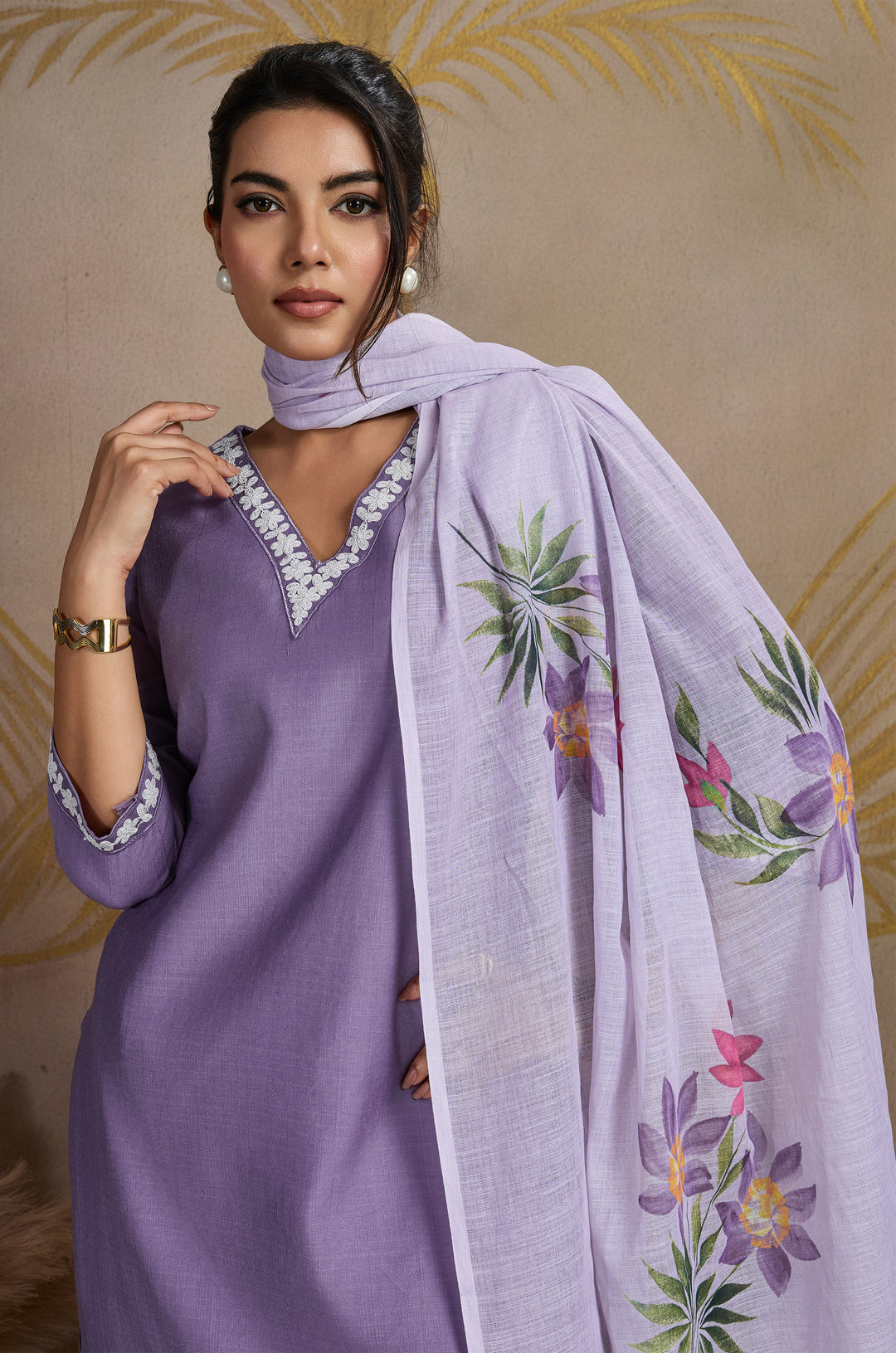 Timeless Lavender Viscose Silk Women Suit Set with Linen Brush Print Dupatta